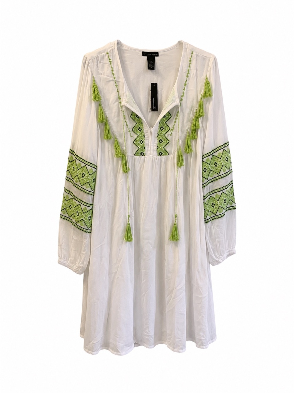 NWT Chelsea & Theodore White Lime Embroidered Tassel Boho Dress Large - Picture 3 of 6